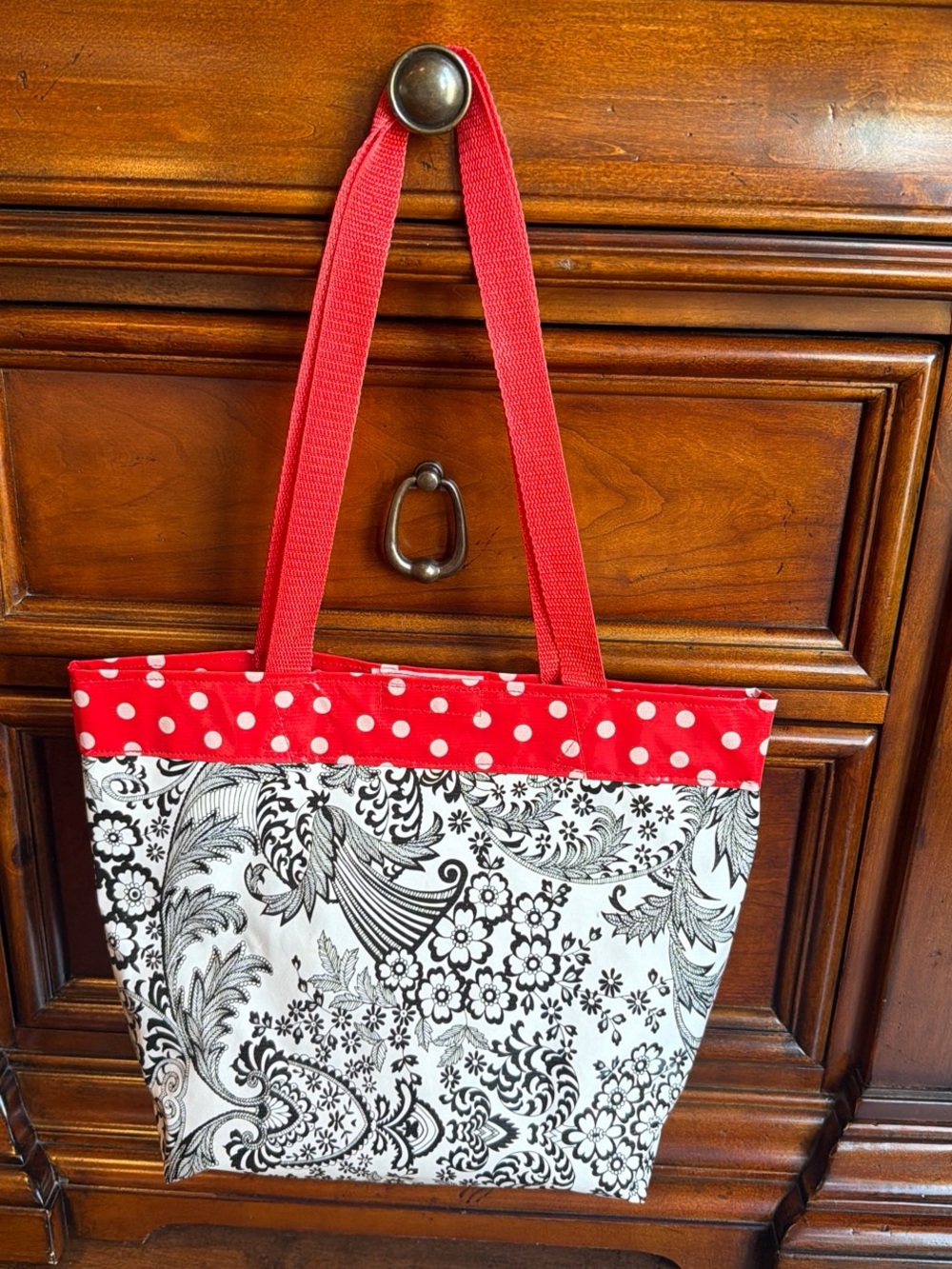 Red & Black Floral Canvas Tote Bag with Polka Dot Trim